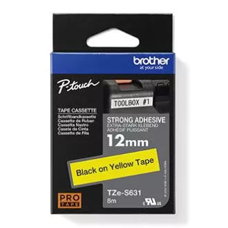 Brother originalna traka za pisač naljepnica, Brother, TZE-S631, crni ispis/žuta podloga, laminirana, 8m, 12mm, izuzetno ljepljiva