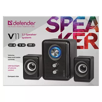 Defender zvučnici V11, 2.1, 11W, crni, kontrola glasnoće, gumb za uključivanje, podešavanje basa i visokih tonova, 40Hz~18kHz