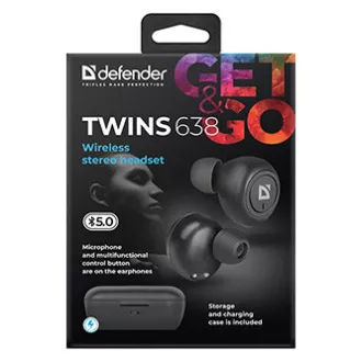 Defender Twins 638 slušalice s mikrofonom, bežične, crne, u uhu, BT 5.0, TWS, kutijica za punjenje tipa Bluetooth, RASPRODAJA