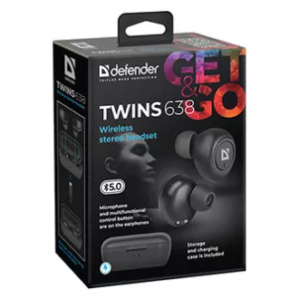 Defender Twins 638 slušalice s mikrofonom, bežične, crne, u uhu, BT 5.0, TWS, kutijica za punjenje tipa Bluetooth, RASPRODAJA