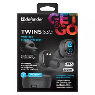 Defender Twins 639 slušalice s mikrofonom, bežične, crne, u uhu, BT 5.0, TWS, kutijica za punjenje s power bankom, Bluetooth tip