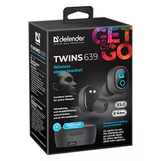 Defender Twins 639 slušalice s mikrofonom, bežične, crne, u uhu, BT 5.0, TWS, kutijica za punjenje s power bankom, Bluetooth tip