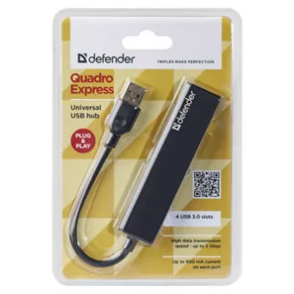 USB (3.0) HUB 4 priključka, Quadro Express, crni, Defender, kompaktan.