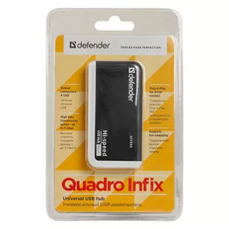 USB (2.0) hub 4-port, Quadro Infix, crno-siva, Defender, LED indikator, kompakt. USB (2.0) hub 4-port, Quadro Infix, crno-siva, Defender, LED indikator, kompakt.