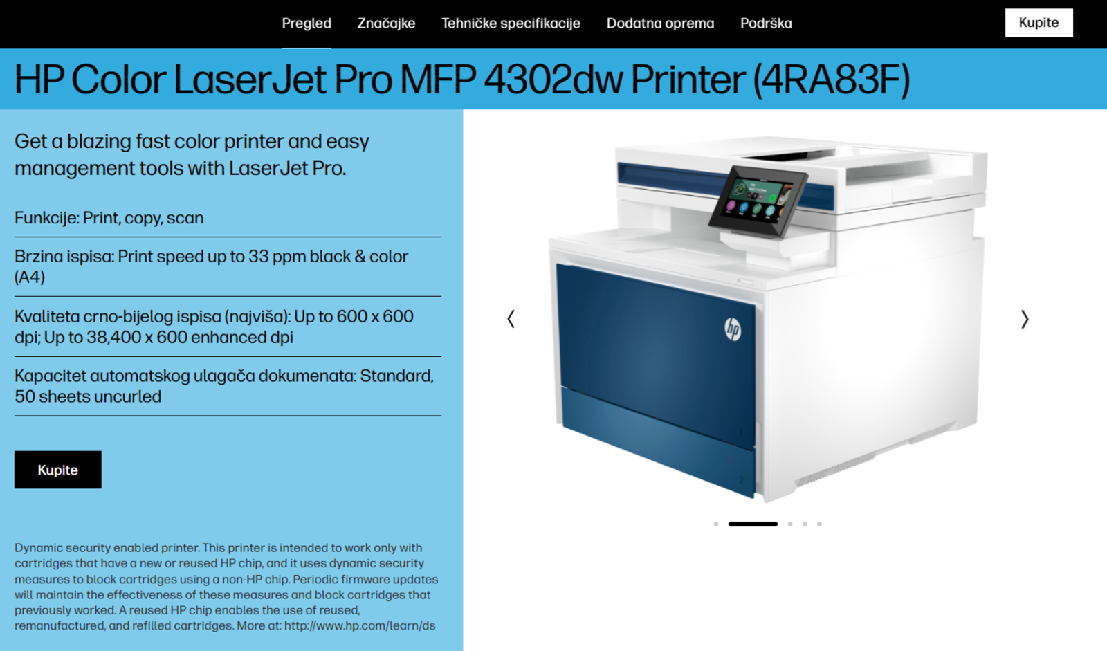 Snimka zaslona stranice proizvoda printera HP Color LaserJet Pro MFP 4302dw s filtriranim izrazom "dinamička sigurnost: 